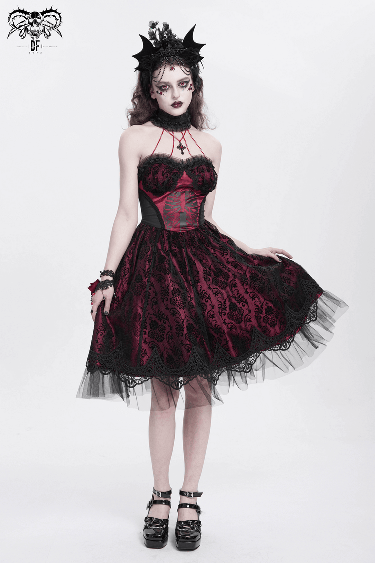 US SALE of Chic Lace and Tulle Gothic Dress with Skeleton Print - image 14
