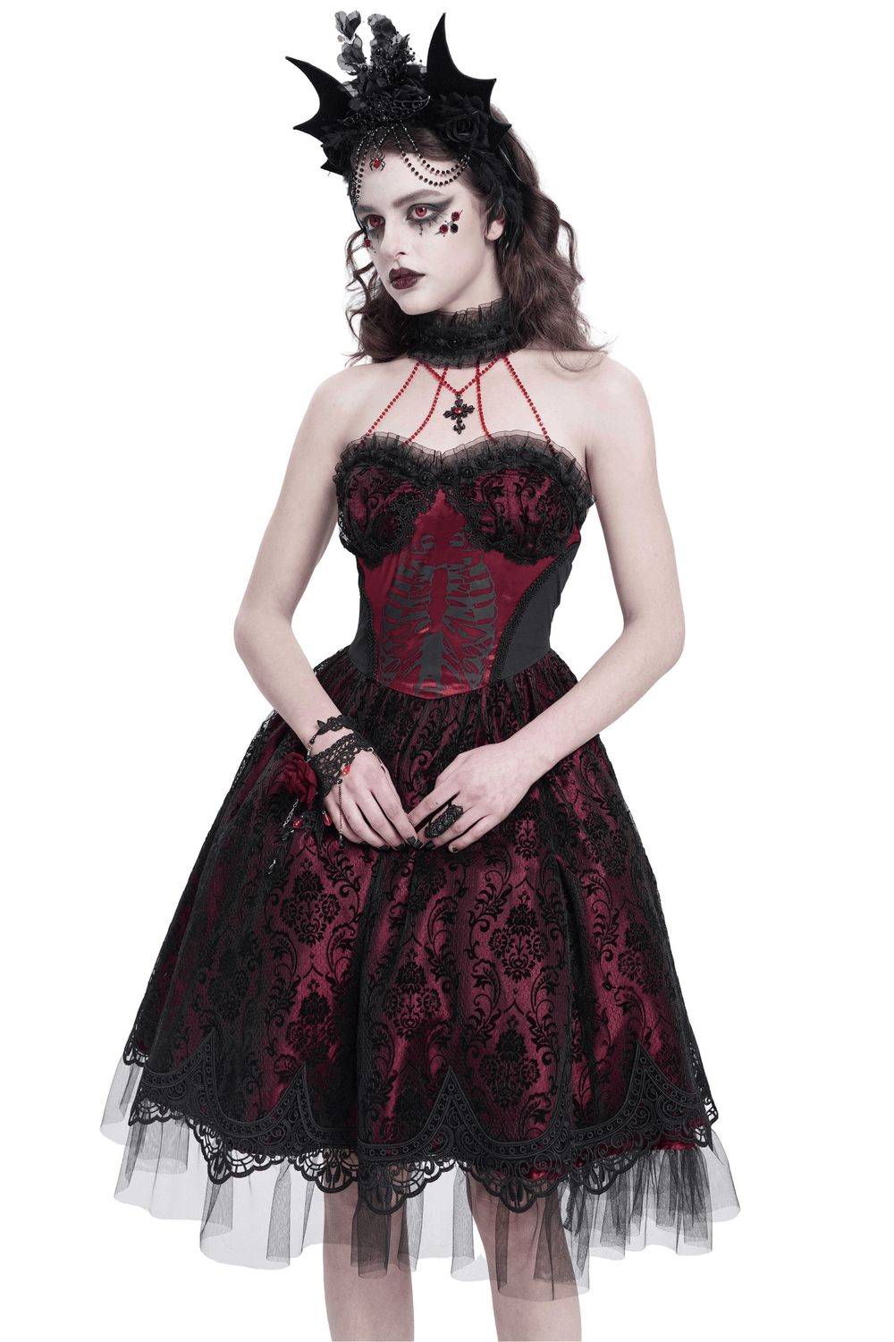 Chic Lace and Tulle Gothic Dress with Skeleton Print - image 1