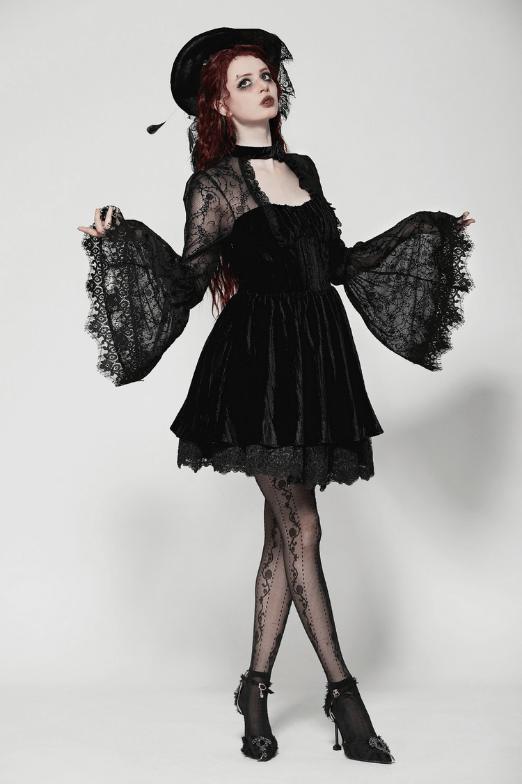 Chic Lace Detailed Gothic Dress with Flared Sleeves - image 15