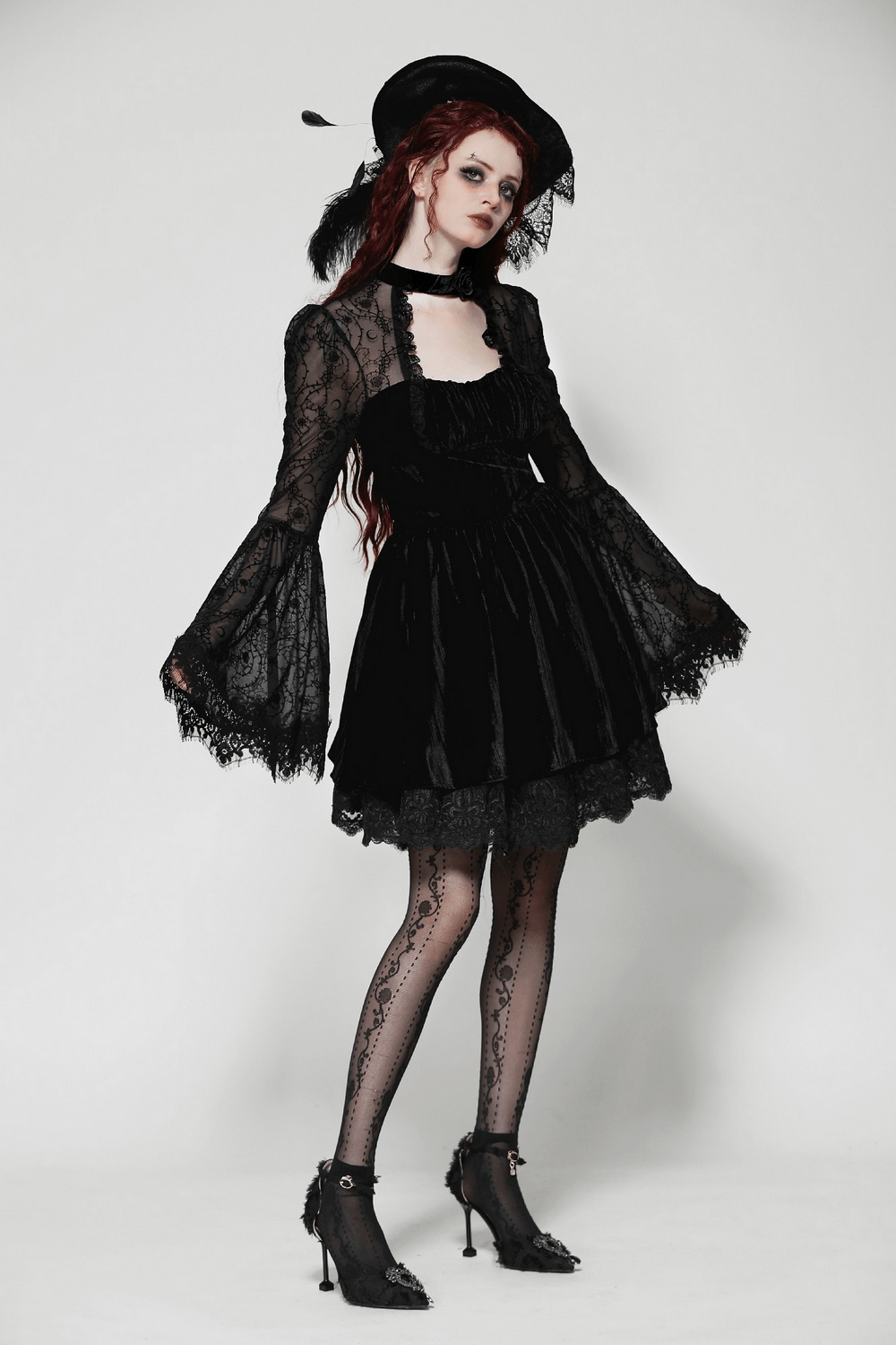 Chic Lace Detailed Gothic Dress with Flared Sleeves - image 16