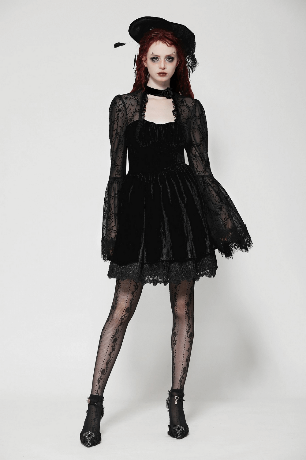 Chic Lace Detailed Gothic Dress with Flared Sleeves - image 13