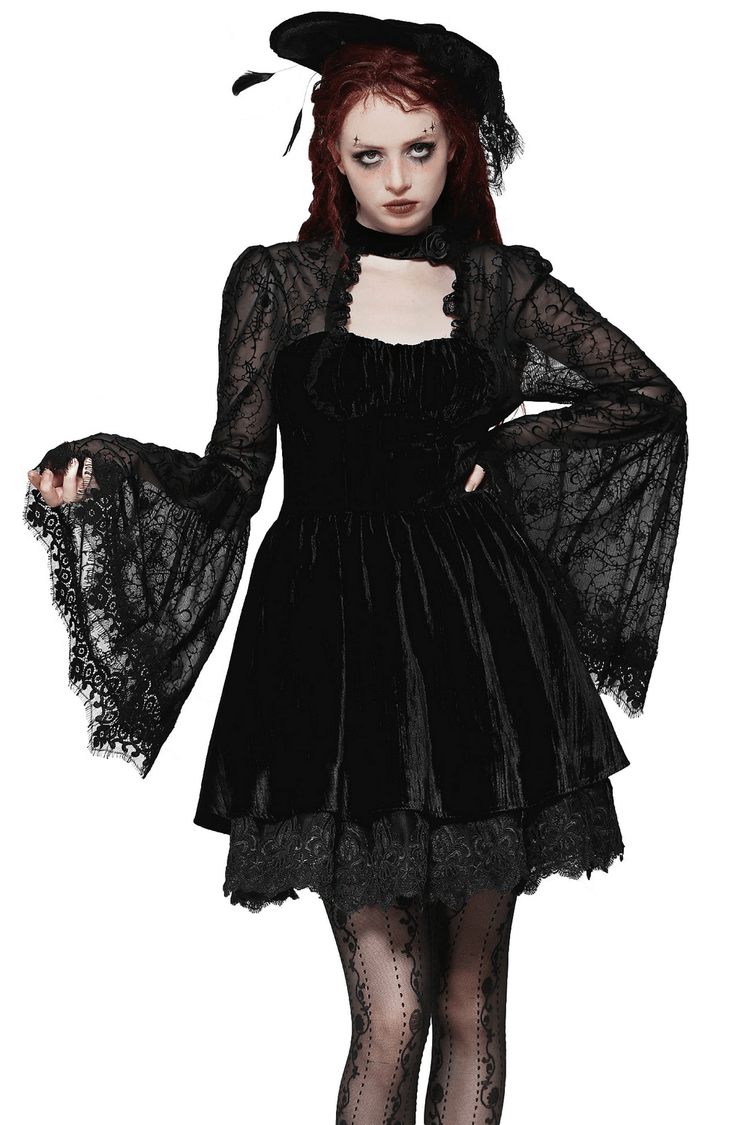 Chic Lace Detailed Gothic Dress with Flared Sleeves - image 1