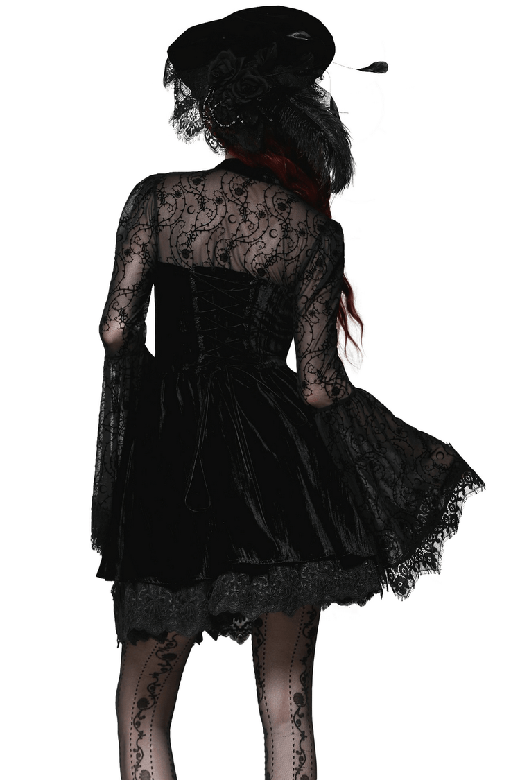 Chic Lace Detailed Gothic Dress with Flared Sleeves - image 2