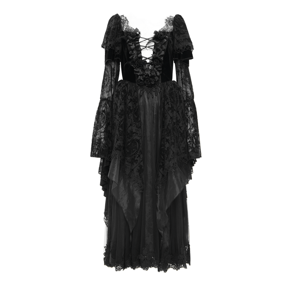 Chic Lace Dress with Bell Sleeves and Floral Accents - image 3