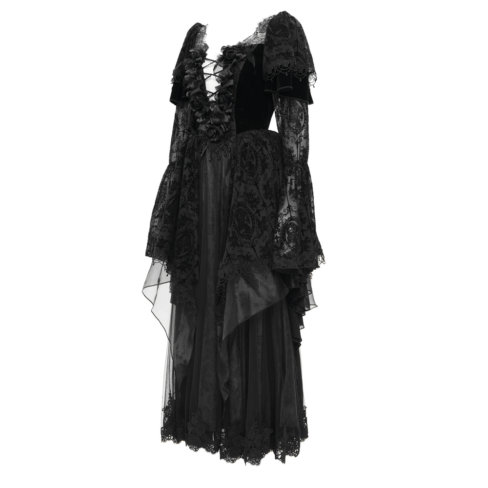 Chic Lace Dress with Bell Sleeves and Floral Accents - image 4