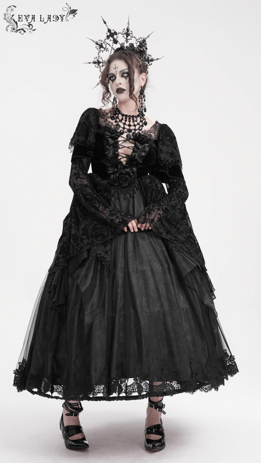 Chic Lace Dress with Bell Sleeves and Floral Accents - image 18