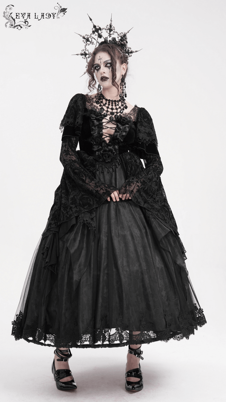 Chic Lace Dress with Bell Sleeves and Floral Accents - image 18