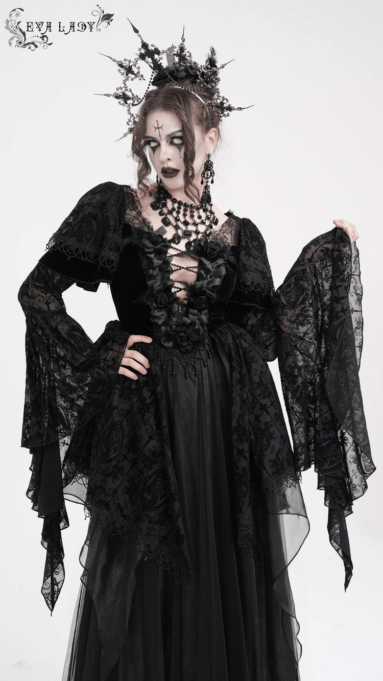 Chic Lace Dress with Bell Sleeves and Floral Accents - image 13