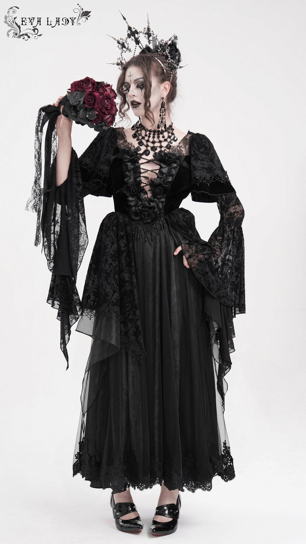 Chic Lace Dress with Bell Sleeves and Floral Accents - image 19