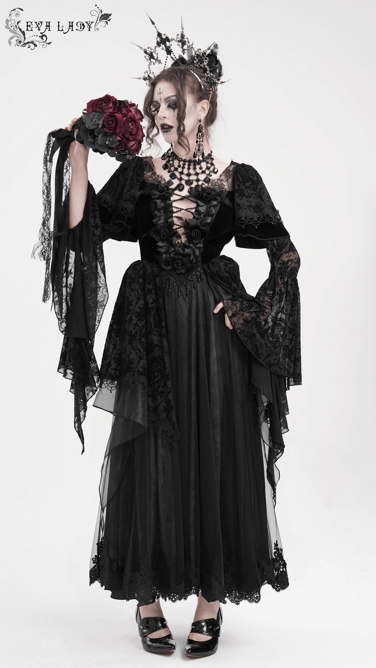 Chic Lace Dress with Bell Sleeves and Floral Accents - image 19