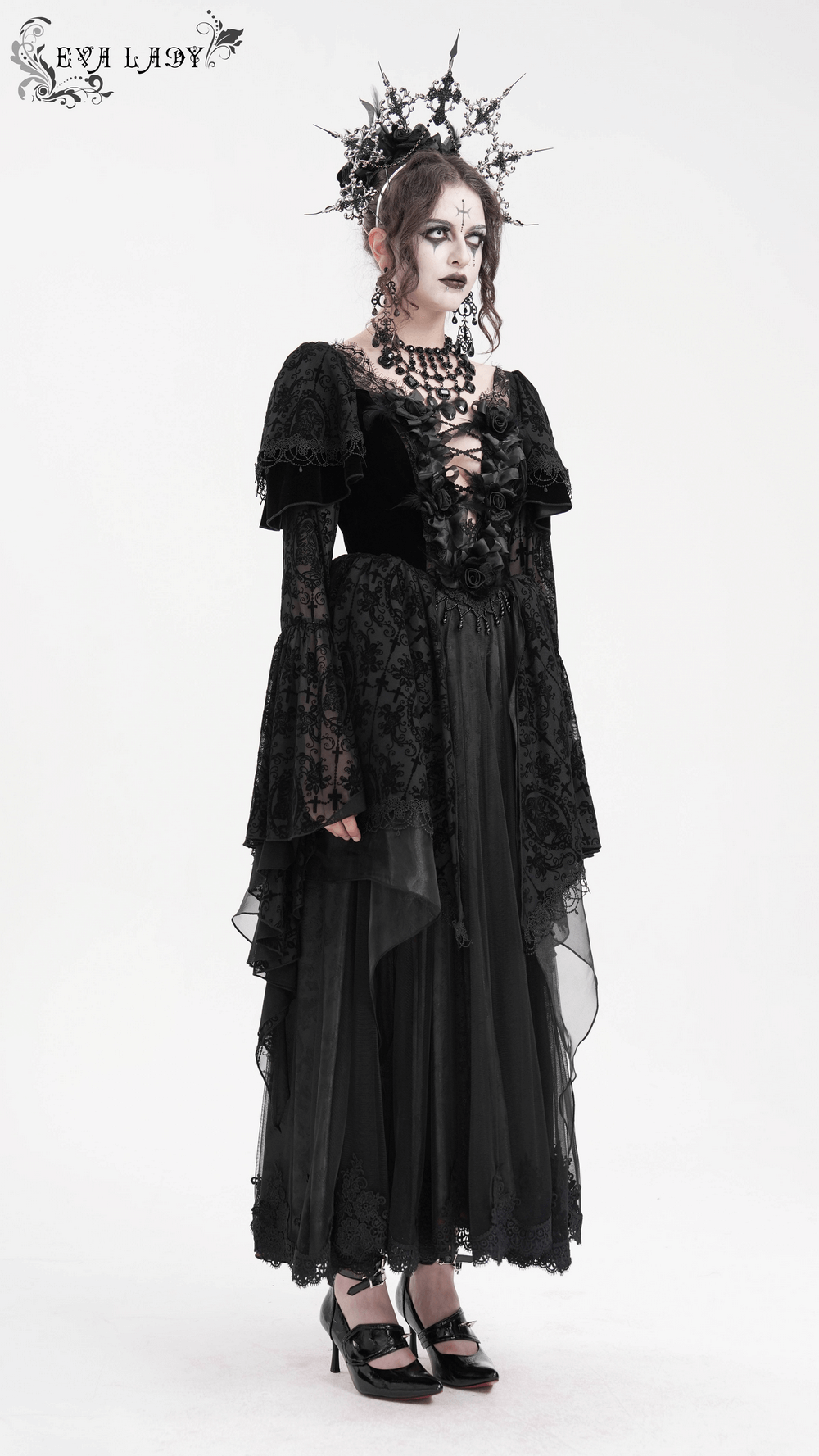 Chic Lace Dress with Bell Sleeves and Floral Accents - image 14