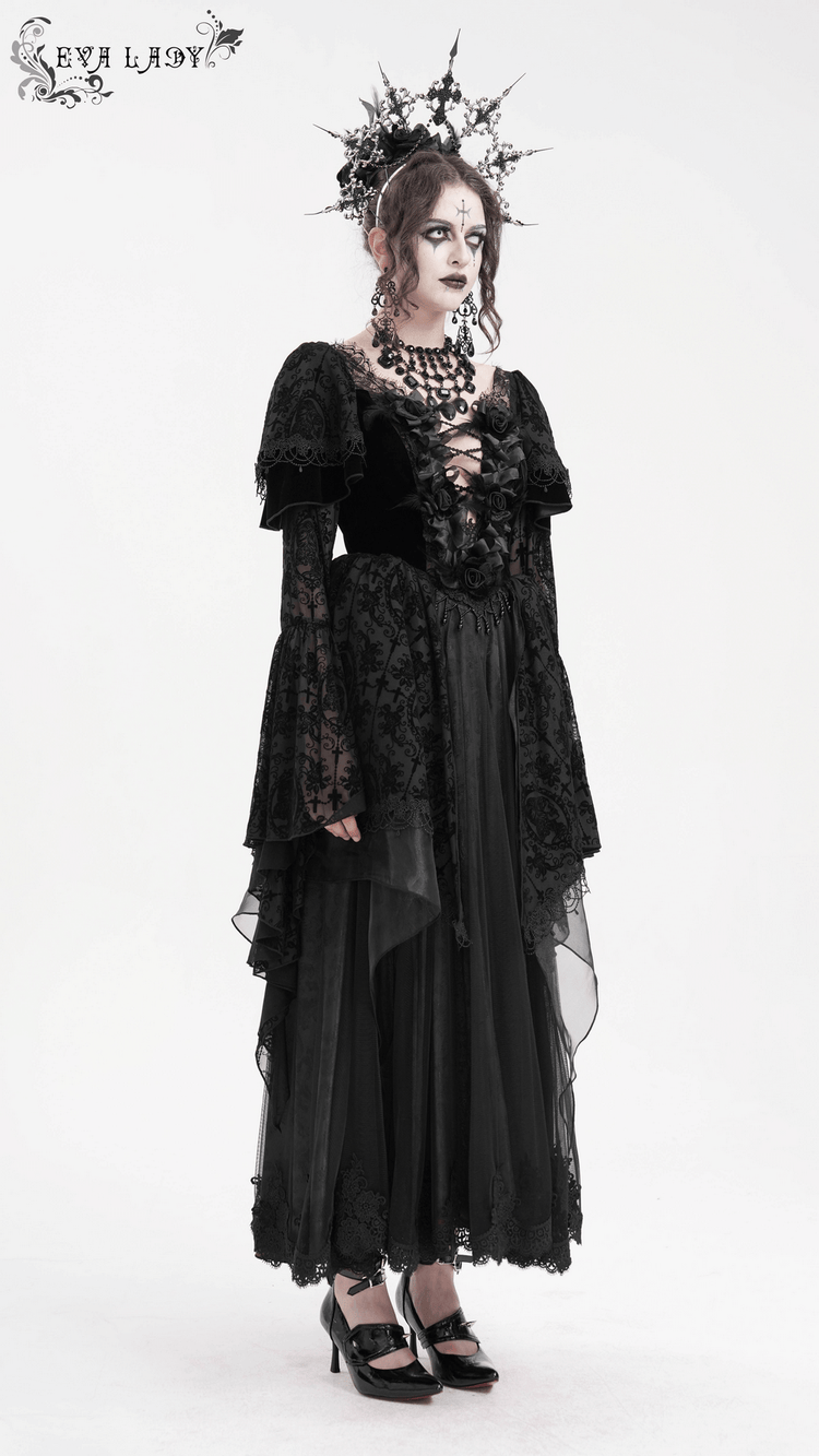 Chic Lace Dress with Bell Sleeves and Floral Accents - image 14