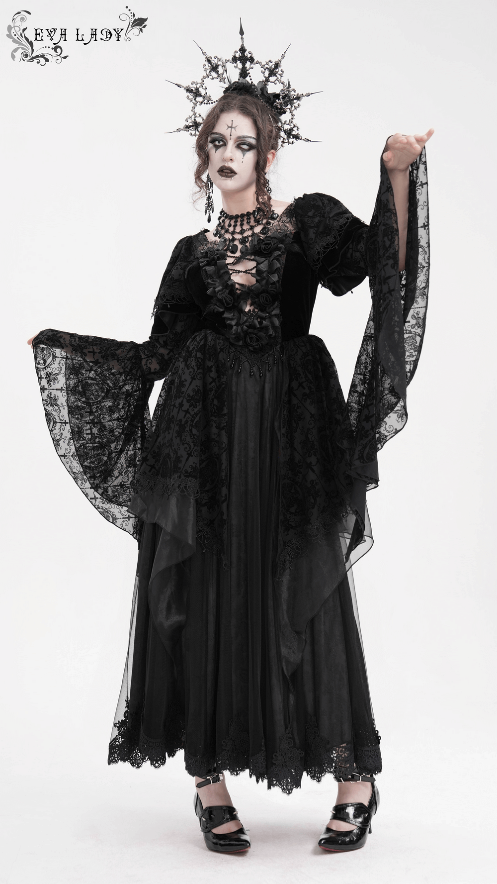 Chic Lace Dress with Bell Sleeves and Floral Accents - image 17