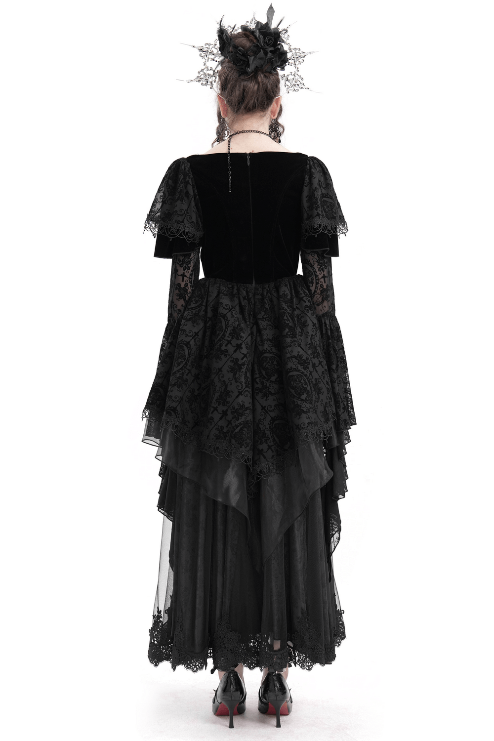 Chic Lace Dress with Bell Sleeves and Floral Accents - image 2