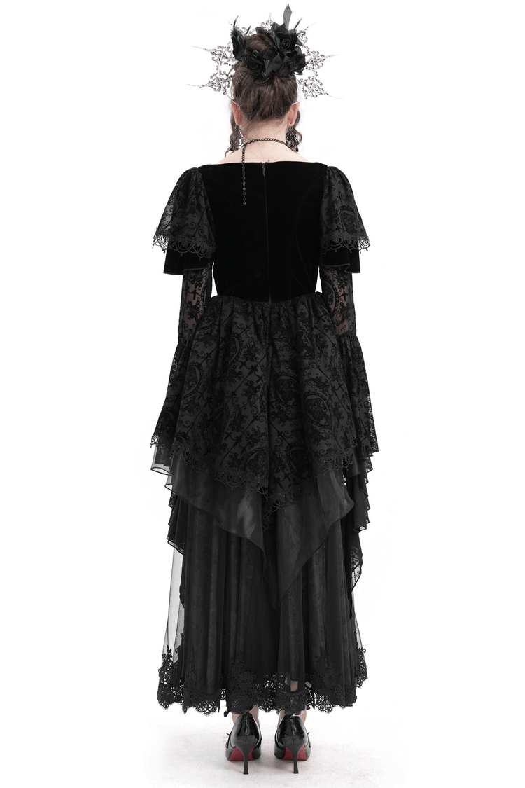 Chic Lace Dress with Bell Sleeves and Floral Accents - image 2