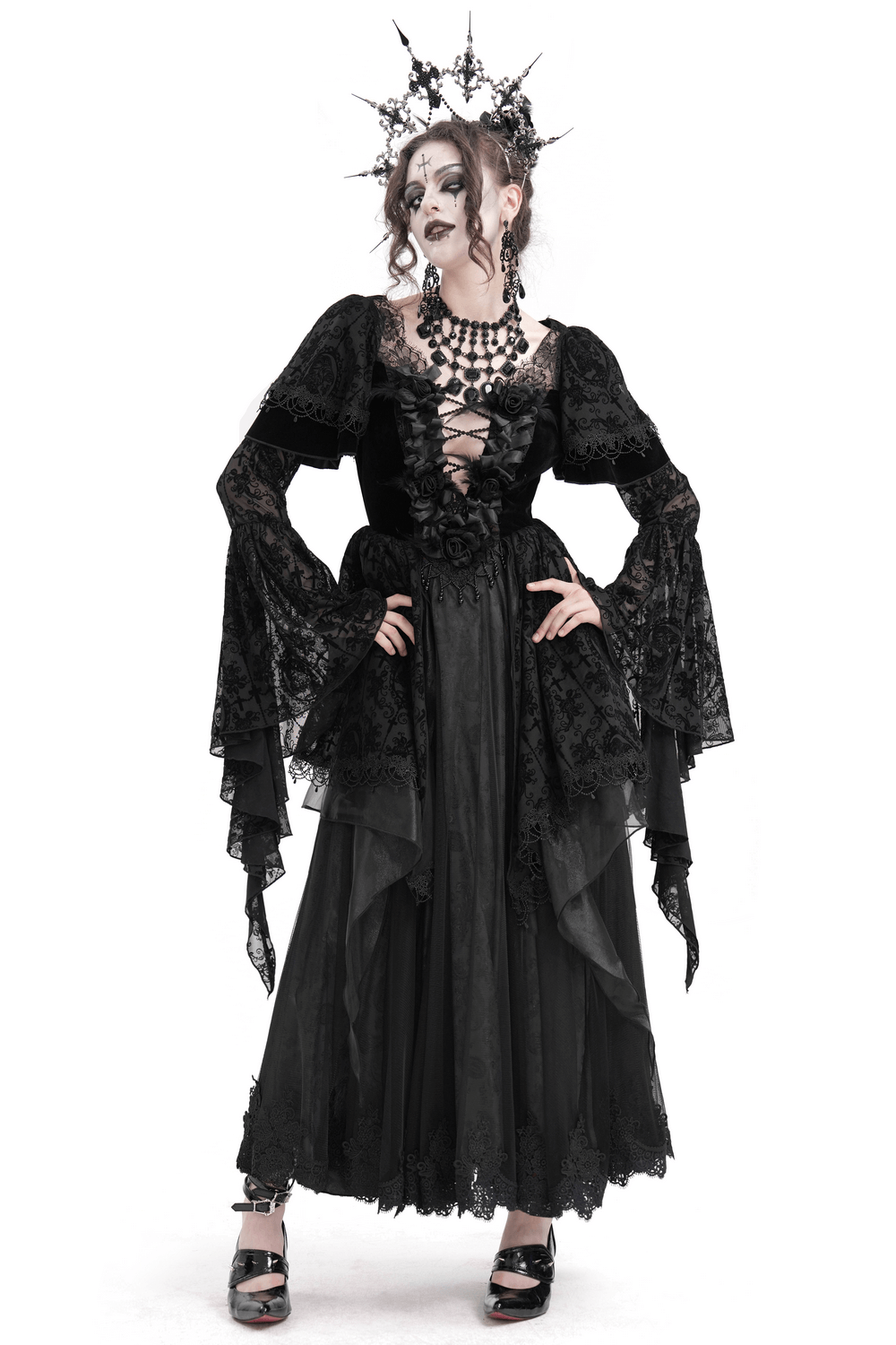 Chic Lace Dress with Bell Sleeves and Floral Accents - image 1