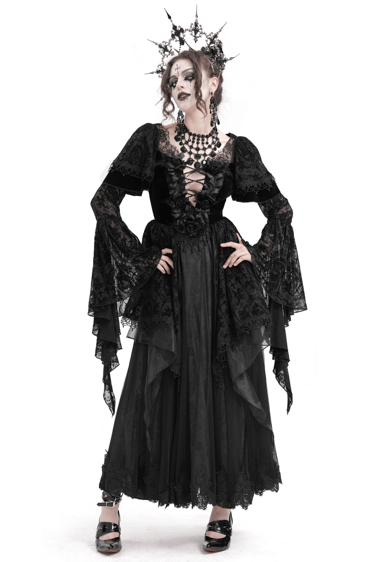 Chic Lace Dress with Bell Sleeves and Floral Accents - image 1