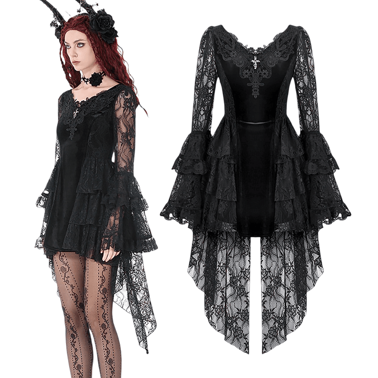 Chic Lace High Low Dress with Corset Back and Bell Sleeves - image 3