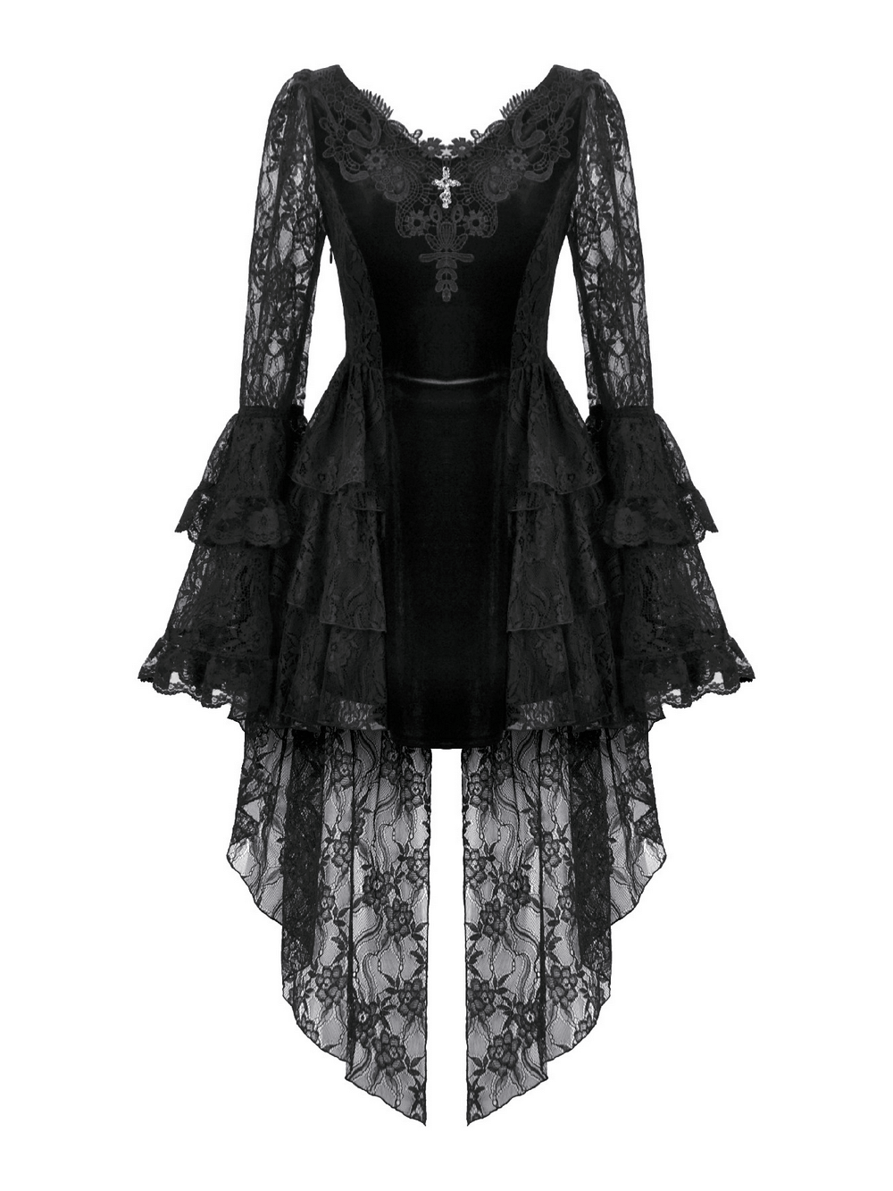 Chic Lace High Low Dress with Corset Back and Bell Sleeves - image 4