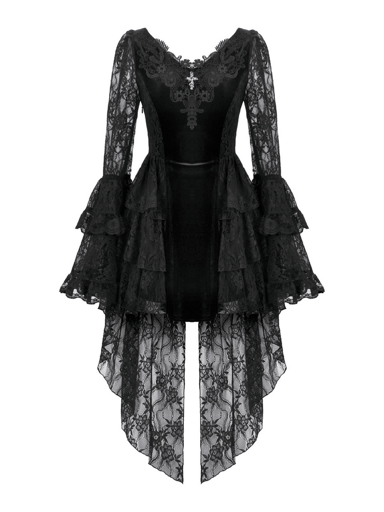 Chic Lace High Low Dress with Corset Back and Bell Sleeves - image 4
