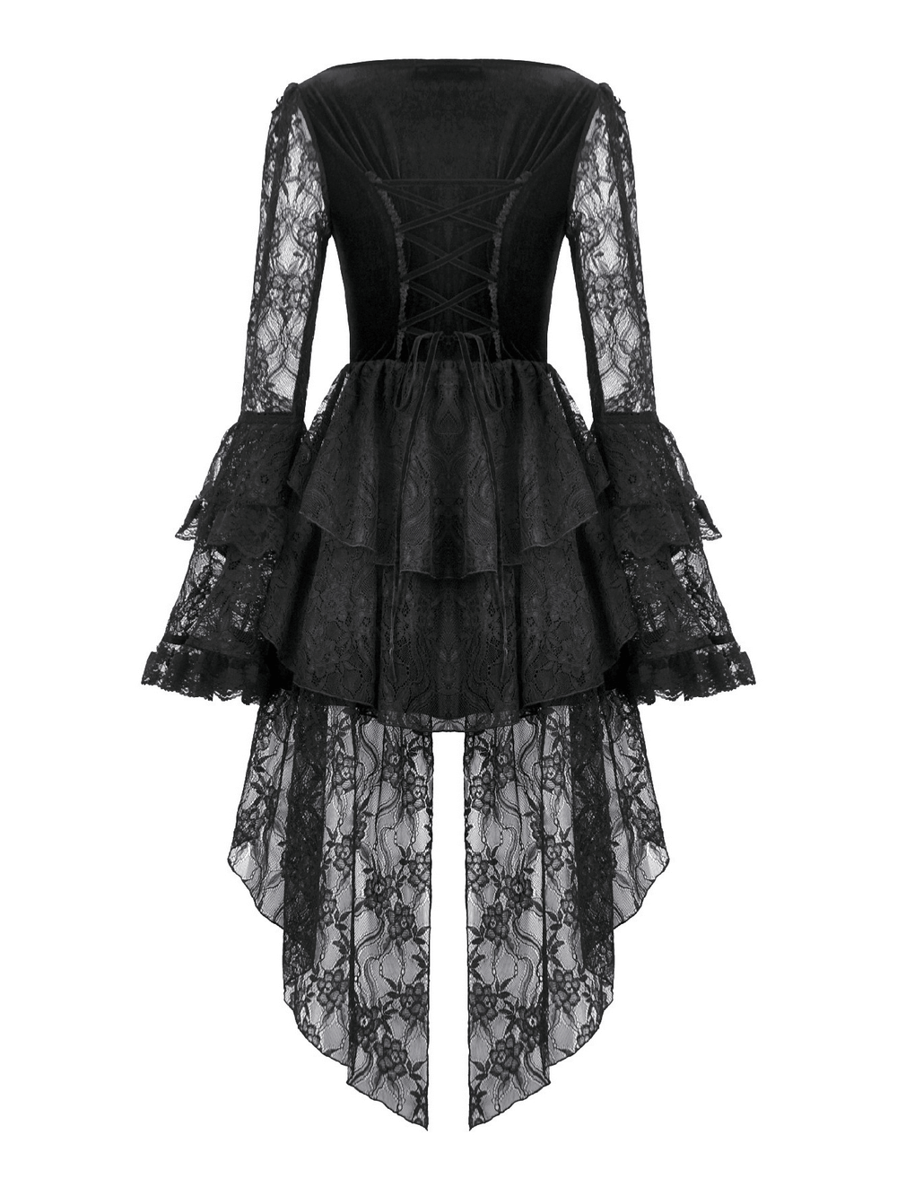 Chic Lace High Low Dress with Corset Back and Bell Sleeves - image 5