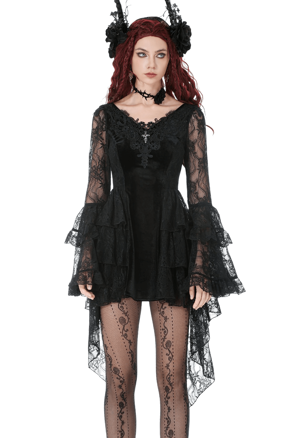 Chic Lace High Low Dress with Corset Back and Bell Sleeves - image 1