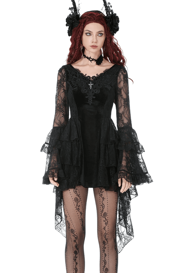 Chic Lace High Low Dress with Corset Back and Bell Sleeves - image 1