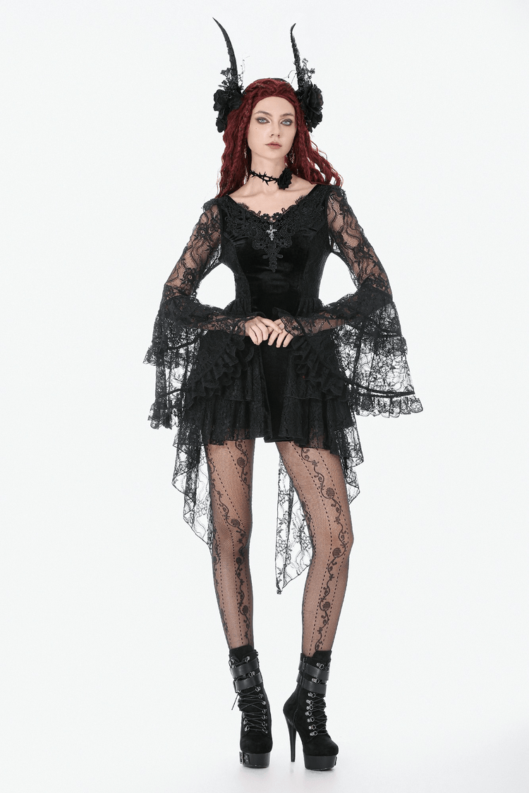 Chic Lace High Low Dress with Corset Back and Bell Sleeves - image 11