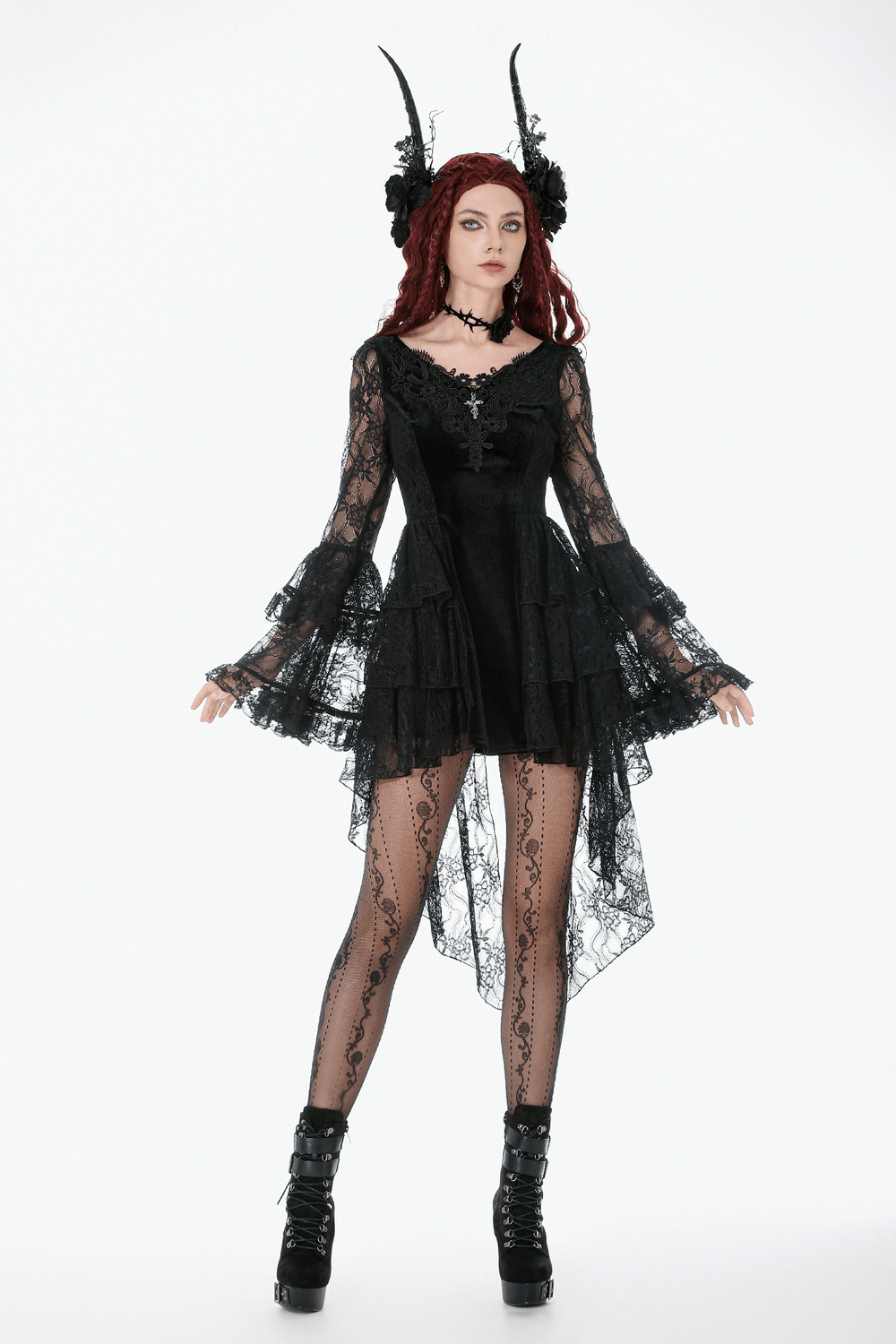 Chic Lace High Low Dress with Corset Back and Bell Sleeves - image 13