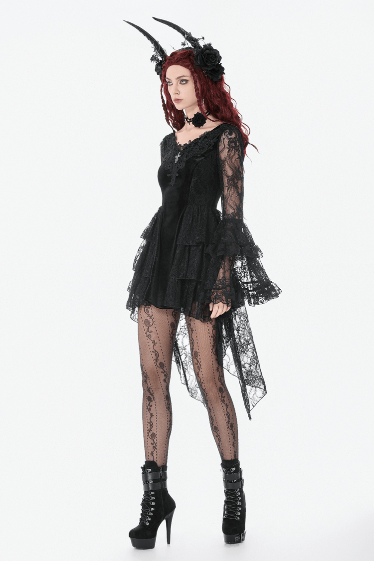 Chic Lace High Low Dress with Corset Back and Bell Sleeves - image 15