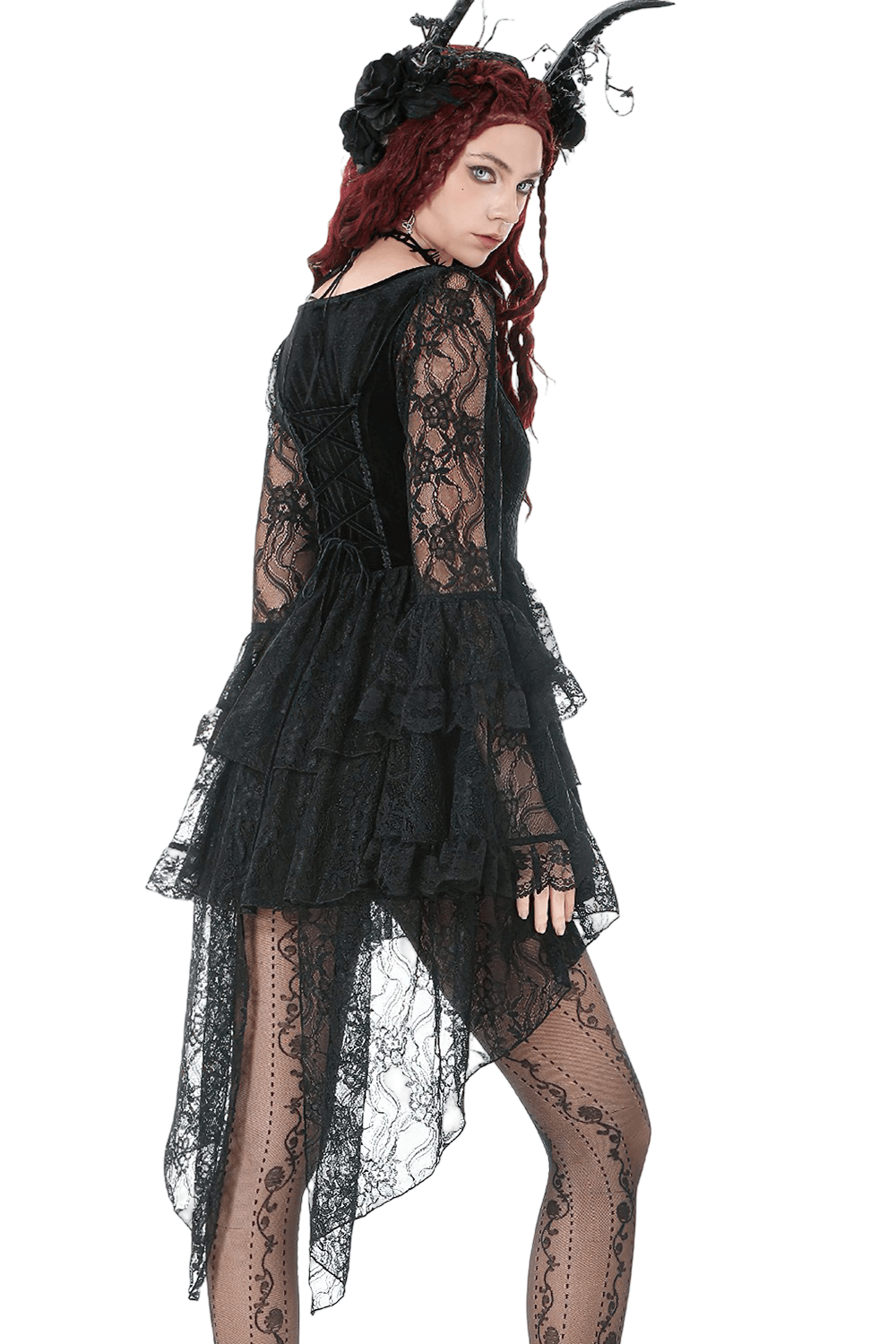 Chic Lace High Low Dress with Corset Back and Bell Sleeves - image 2