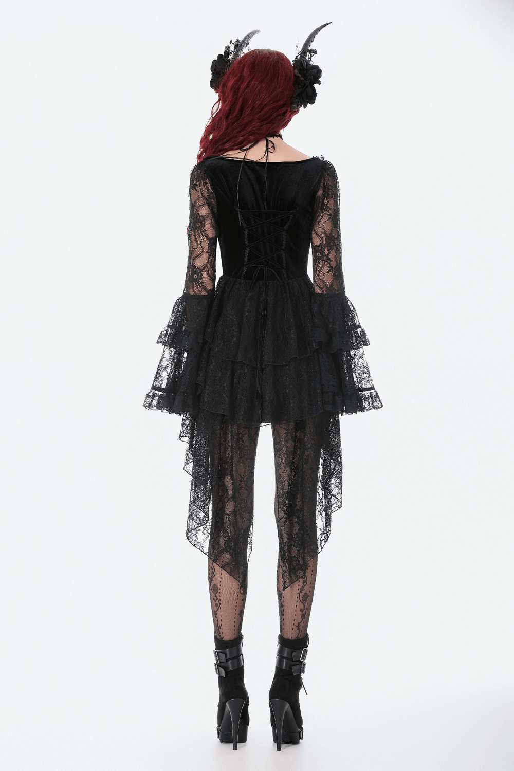 Chic Lace High Low Dress with Corset Back and Bell Sleeves - image 12