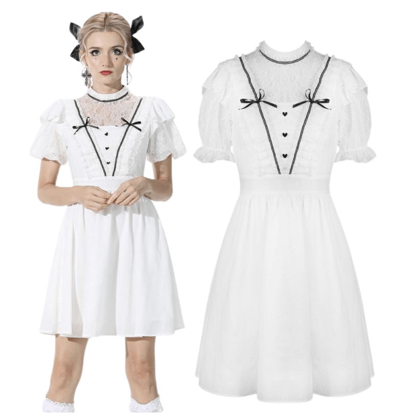 Chic Short Puff Sleeves Lace-Trimmed White Dress - image 3