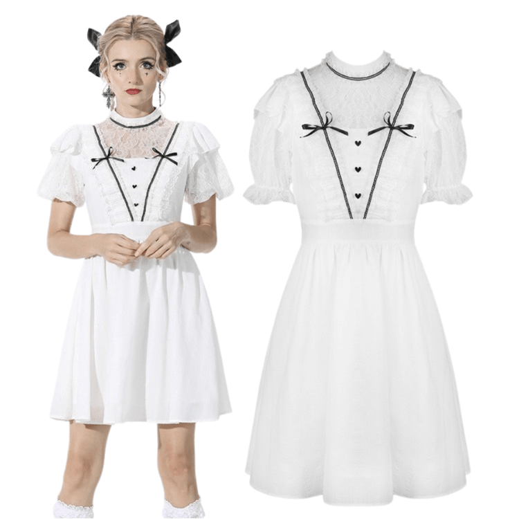 Chic Short Puff Sleeves Lace-Trimmed White Dress - image 3