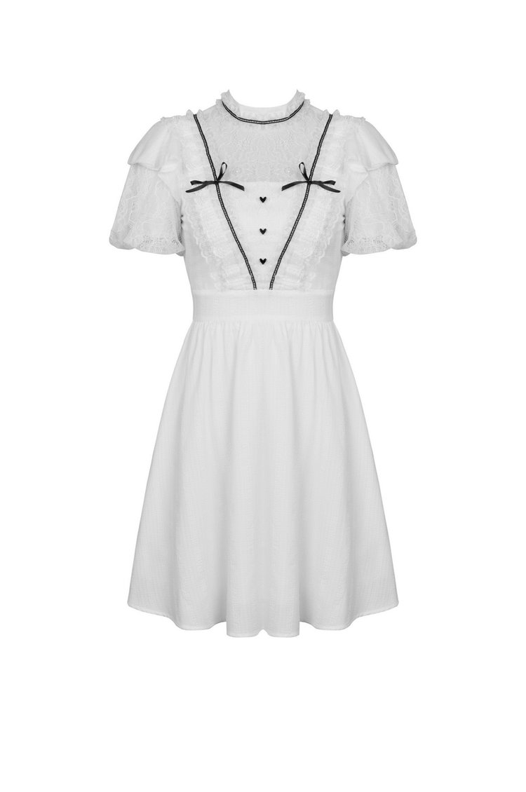 Chic Short Puff Sleeves Lace-Trimmed White Dress - image 4