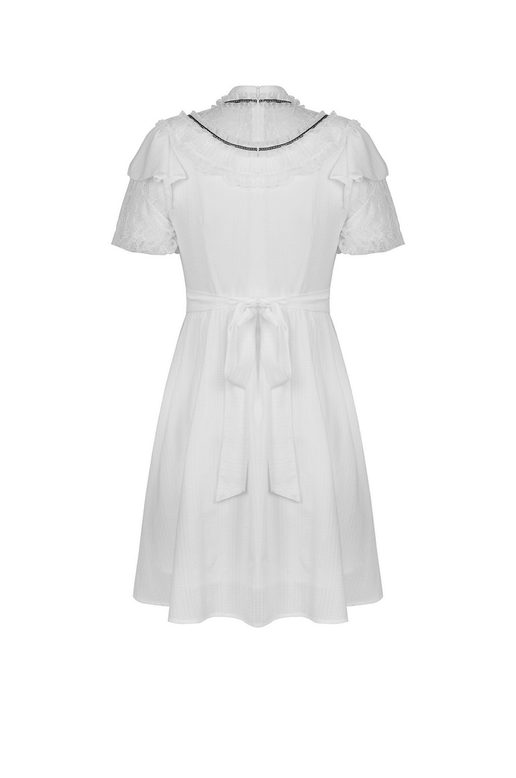 Chic Short Puff Sleeves Lace-Trimmed White Dress - image 5