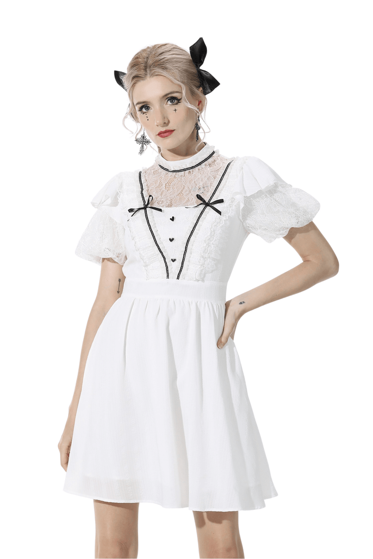 Chic Short Puff Sleeves Lace-Trimmed White Dress - image 1