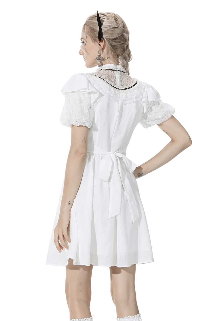 Chic Short Puff Sleeves Lace-Trimmed White Dress - image 2