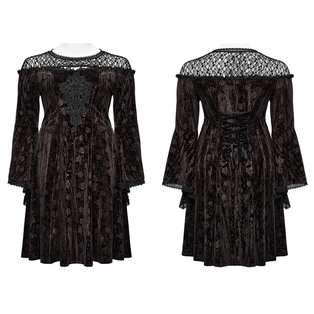 Chic Velvet Dress with Lace and Trumpet Sleeves - image 3