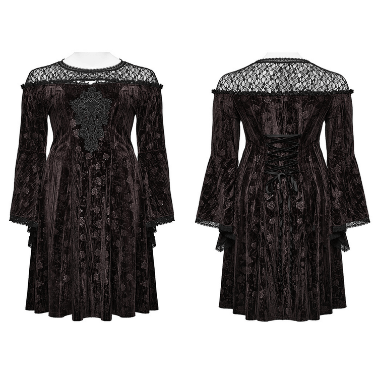 Chic Velvet Dress with Lace and Trumpet Sleeves - image 3