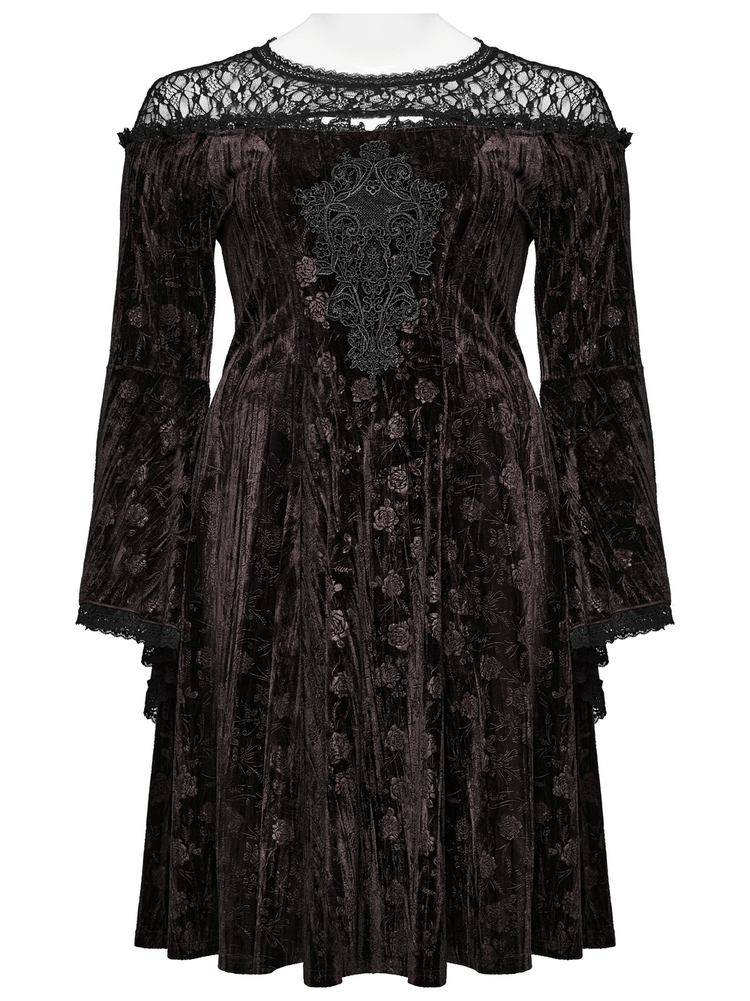 Chic Velvet Dress with Lace and Trumpet Sleeves - image 4