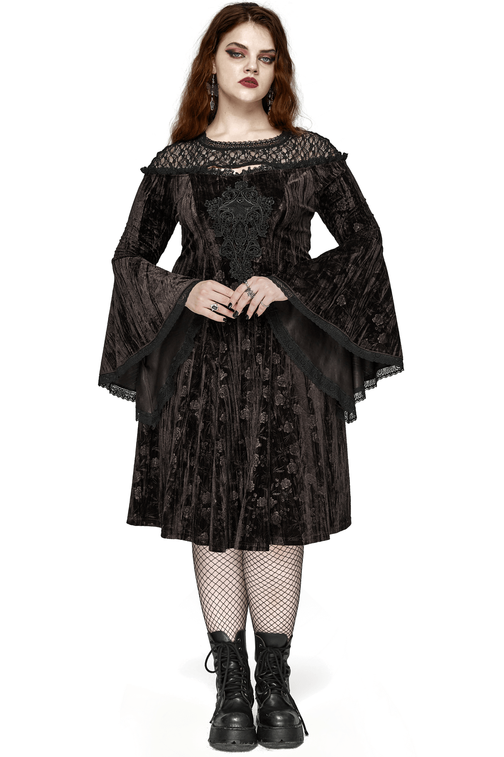 Chic Velvet Dress with Lace and Trumpet Sleeves - image 1