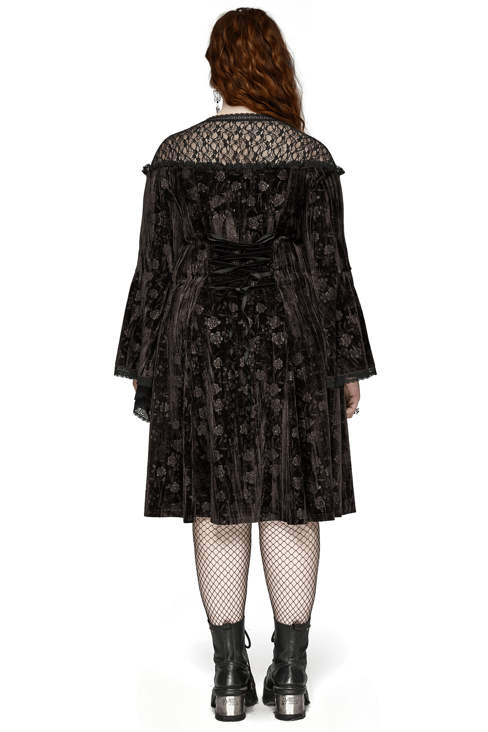 Chic Velvet Dress with Lace and Trumpet Sleeves - image 2