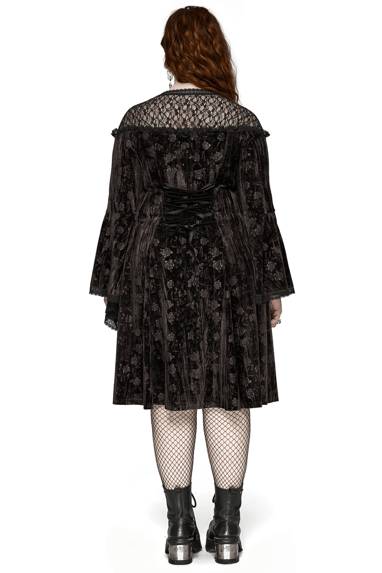 Chic Velvet Dress with Lace and Trumpet Sleeves - image 2