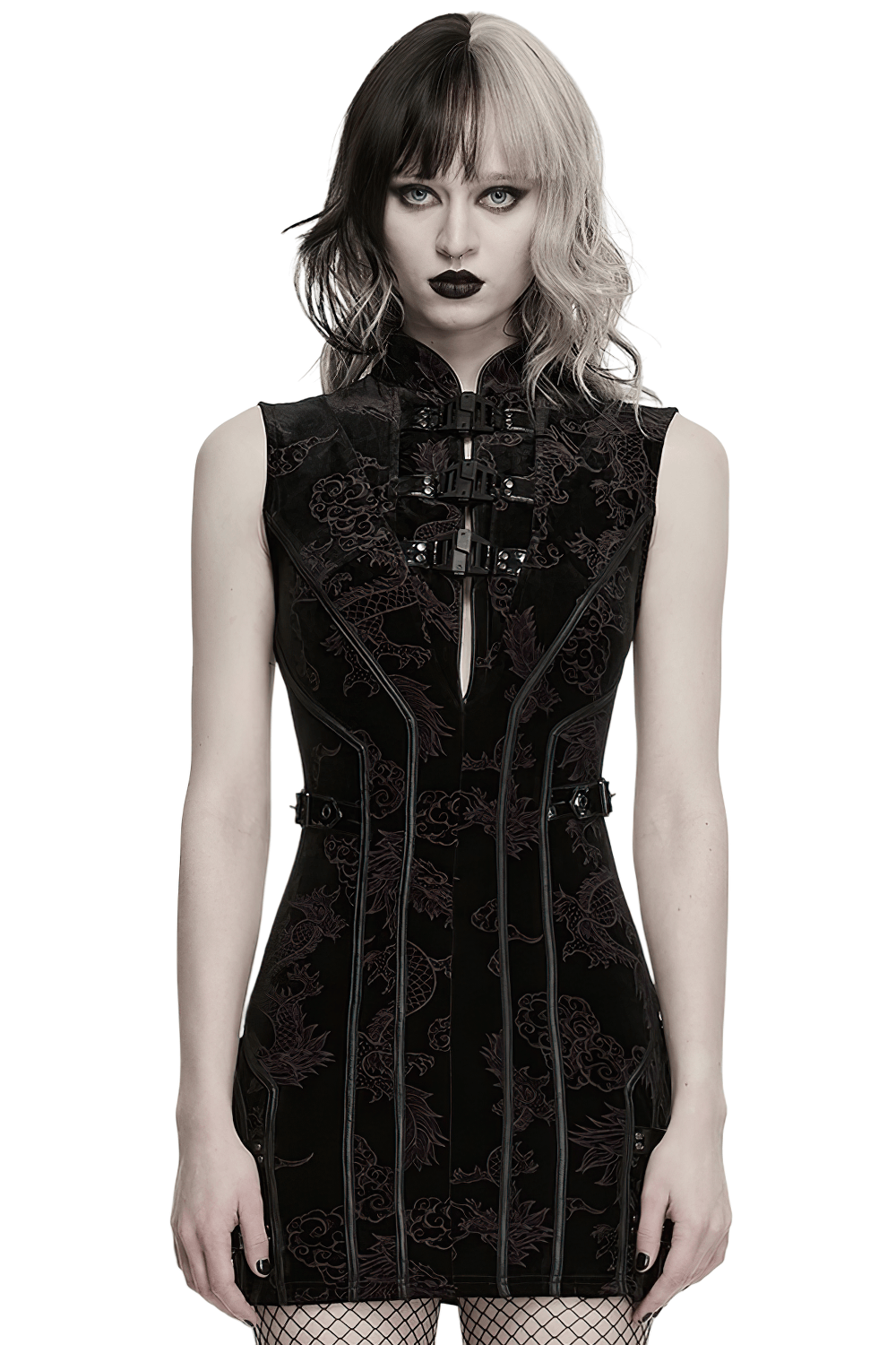 Cyber Chinese Dragon Mini Dress with Buckle Details - image 1