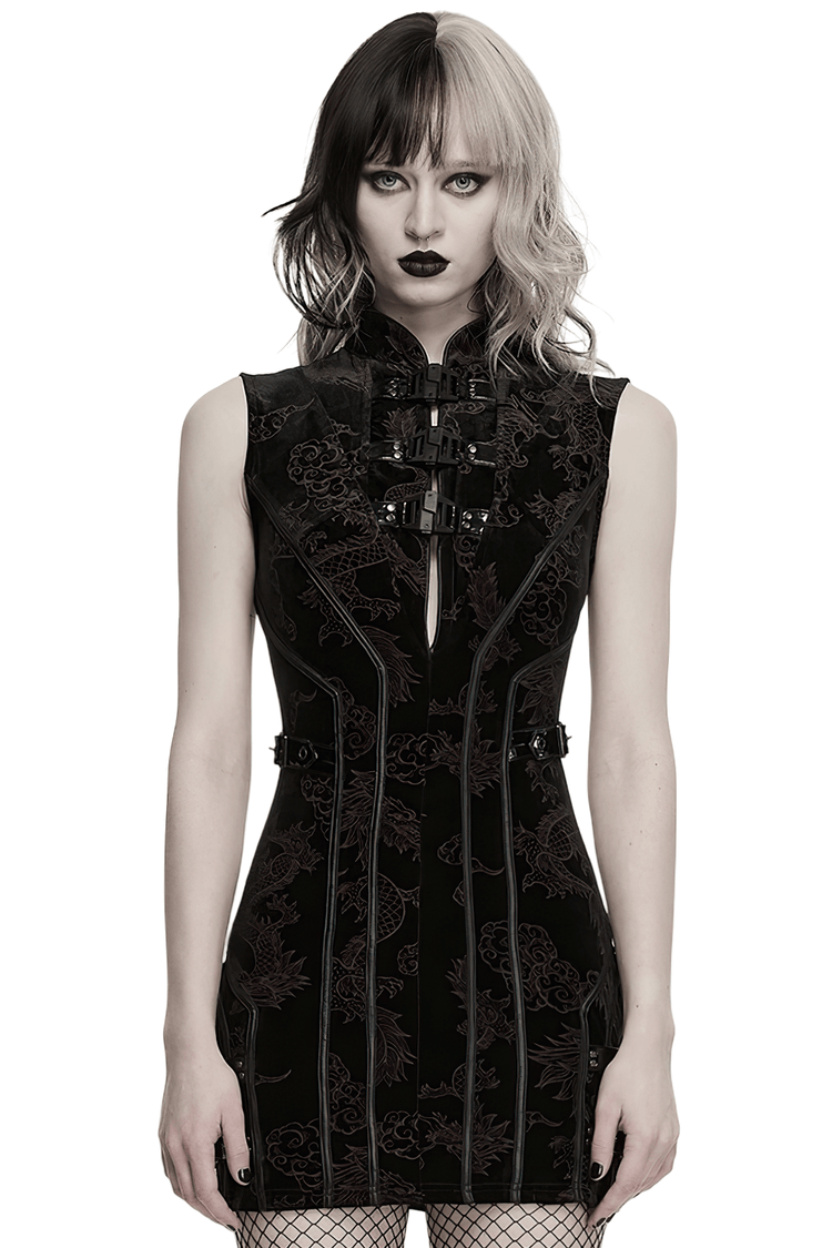 Cyber Chinese Dragon Mini Dress with Buckle Details - image 1