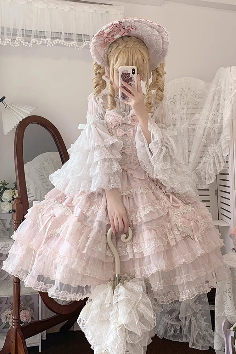 Pink [Sweetheart Diary] Multi-Layered Ruffle Hanayome Embroidery Bowknot Lace Sweet Lolita Jsk Dress - Product - 8