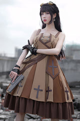 Brown Retro Military Style Dawn Classic Lolita JSK Dress Full Set - Product - 3