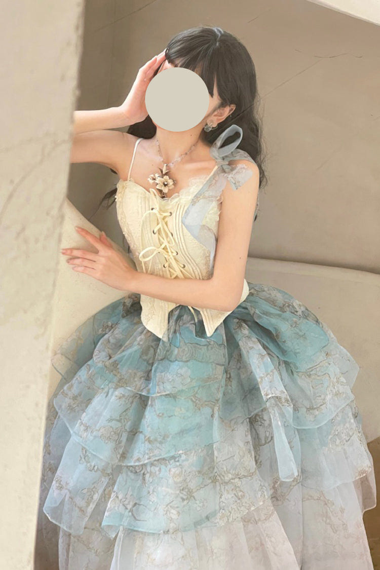 Green Gradient Multi-Layered Print Sweet Lolita Skirt - Product - 8