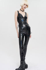 Black Punk Elasticity Color Changing Bright Leather Front Middle Zipper Drawstring On Both Sides Women's Waistcoat - Product - 7